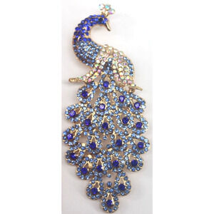 Spectacular Peacock Brooch AB Rhinestone Light Dark Blue Gold Tone 3"